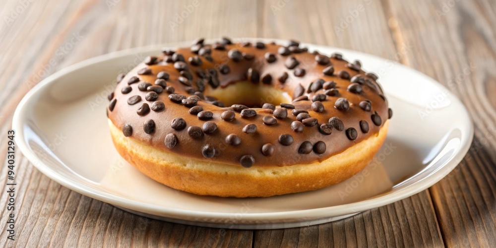 Delicious chocolate chip donut on a plate, chocolate, chip, donut, dessert, sweet, treat, pastry, baked, goods, snack, indulgence Delicious chocolate chip donut on a plate, chocolate, chip, donut, dessert, sweet, treat, pastry, baked, goods, snack, indulgence