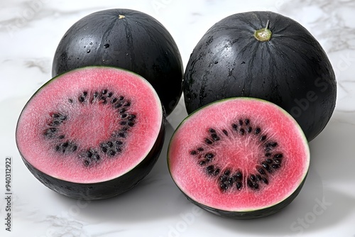 A close-up shot of a Densuke watermelon, a rare variety from Japan known for its dark black rind and vibrant red flesh. The image showcases the unique appearance of this exotic fruit, with two whole w photo