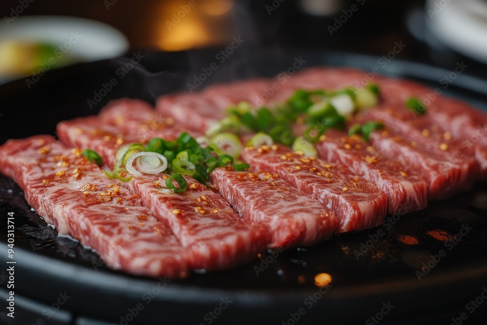 A close-up shot of thinly sliced Wagyu beef, seared to perfection on a hot plate, garnished with fresh green onions. The meat is glistening with fat, and the steam rising from the plate enhances the i A close-up shot of thinly sliced Wagyu beef, seared to perfection on a hot plate, garnished with fresh green onions. The meat is glistening with fat, and the steam rising from the plate enhances the i