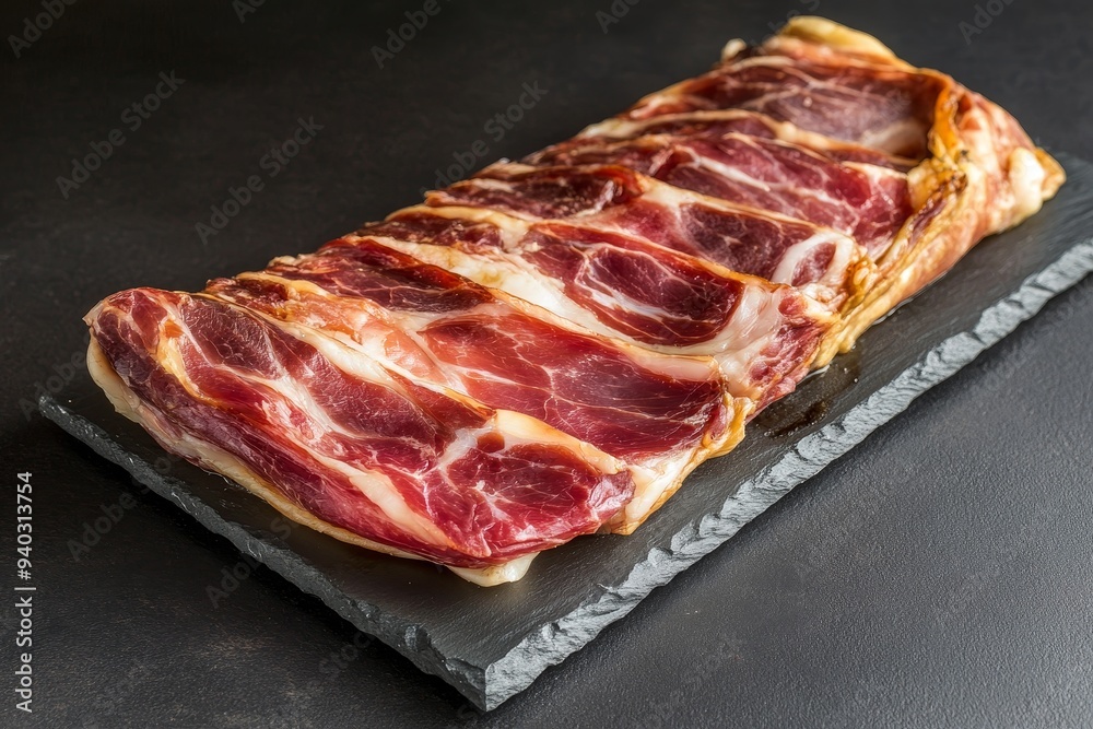 A close-up shot of thinly sliced Iberico ham arranged on a black slate platter. The ham is a deep red color, with a layer of white fat on top. The meat is glistening, and the slices are arranged in a A close-up shot of thinly sliced Iberico ham arranged on a black slate platter. The ham is a deep red color, with a layer of white fat on top. The meat is glistening, and the slices are arranged in a