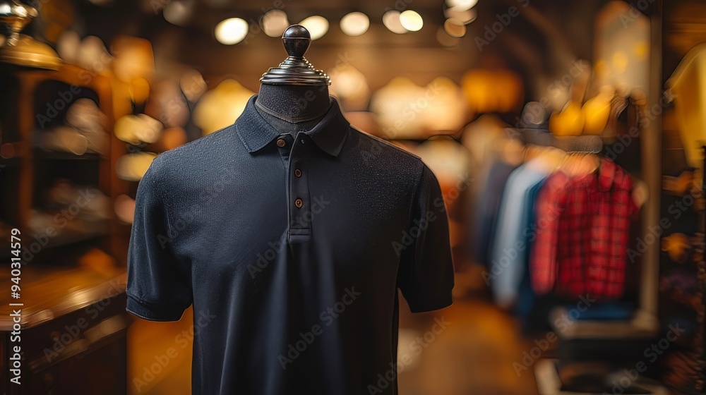 Mock up of polo shirt in shop, displayed on mannequin, shop background with clothes rack