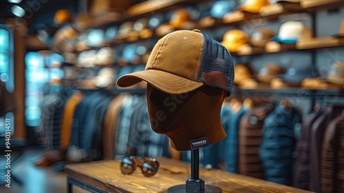 mock up of trucker hat in store, displayed on mannequin, store background with accessories rack