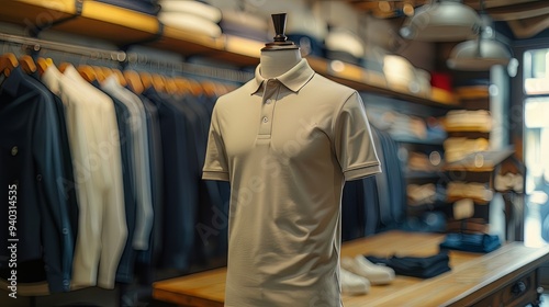 Wallpaper Mural Mock up of polo shirt in shop, displayed on mannequin, shop background with clothes rack Torontodigital.ca