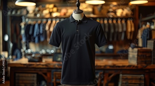 Mock up of polo shirt in shop, displayed on mannequin, shop background with clothes rack