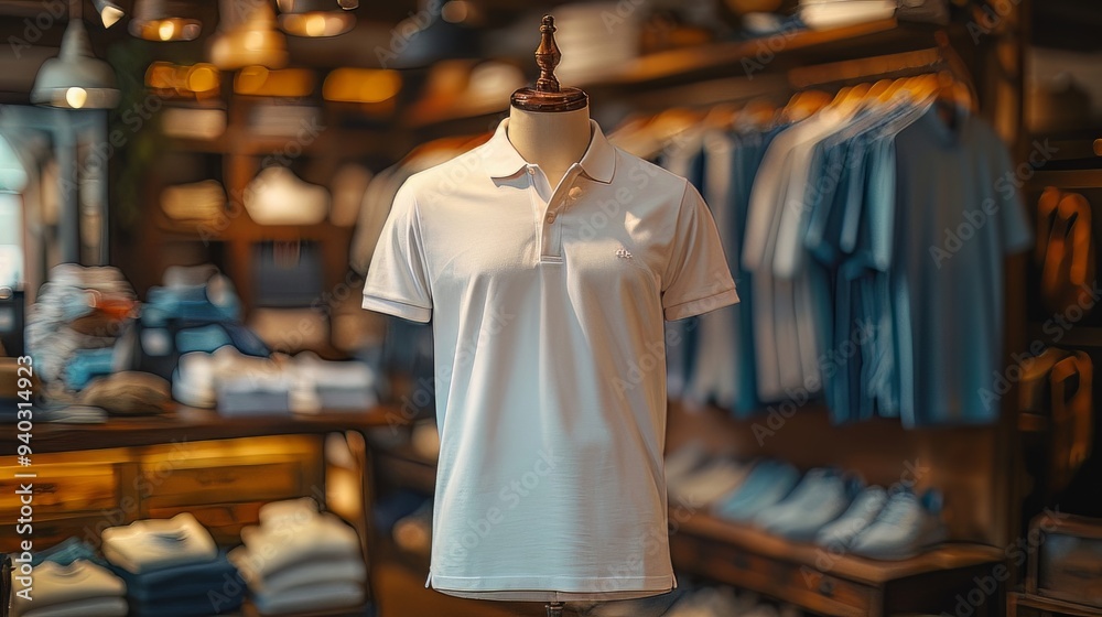 Mock up of polo shirt in shop, displayed on mannequin, shop background with clothes rack Mock up of polo shirt in shop, displayed on mannequin, shop background with clothes rack