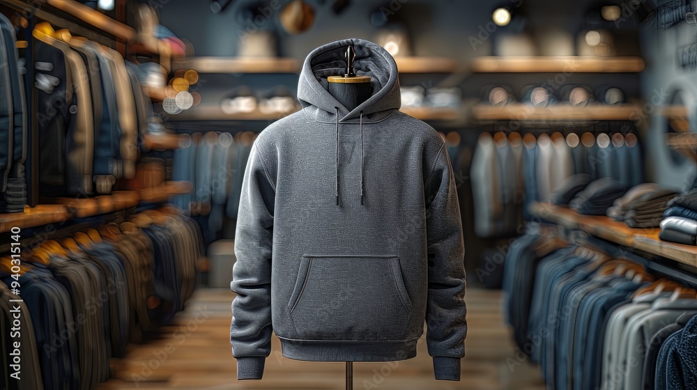 mock up of plain hoodie in shop displayed on mannequin, mannequin standing in front of clothes rack mock up of plain hoodie in shop displayed on mannequin, mannequin standing in front of clothes rack