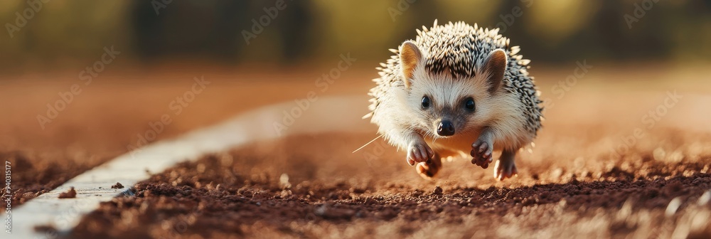 Obraz premium A cute hedgehog runs across a track, symbolizing perseverance, determination, speed, and the pursuit of goals. This image is ideal for projects emphasizing nature, wildlife, and the beauty of animals.