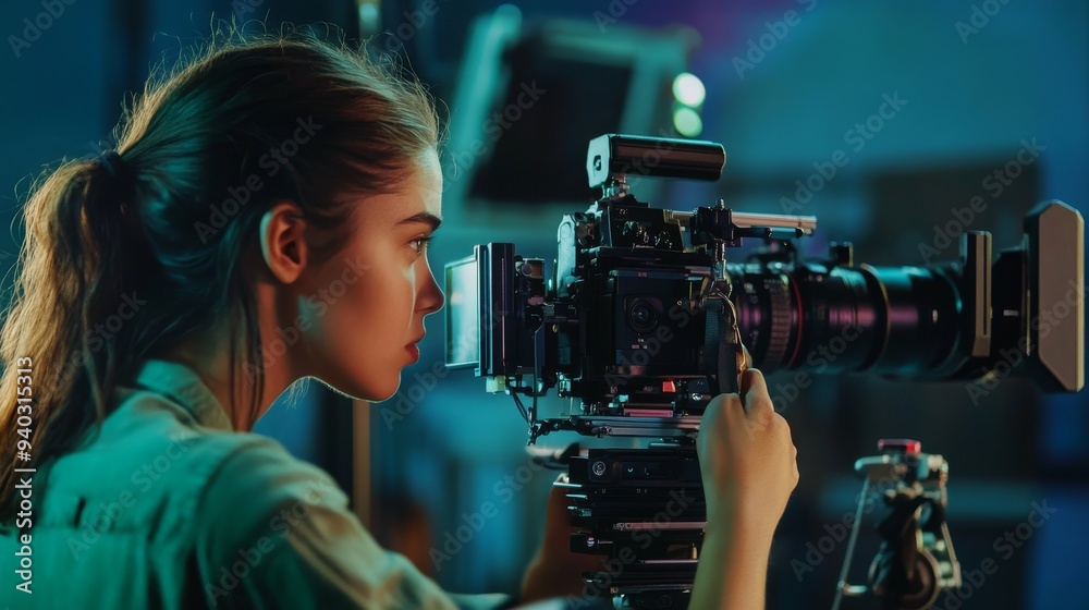 A dedicated female cinematographer carefully focuses on the scene, showcasing her passion and dedication to crafting visual stories. She embodies the power of storytelling and the technical skill requ A dedicated female cinematographer carefully focuses on the scene, showcasing her passion and dedication to crafting visual stories. She embodies the power of storytelling and the technical skill requ