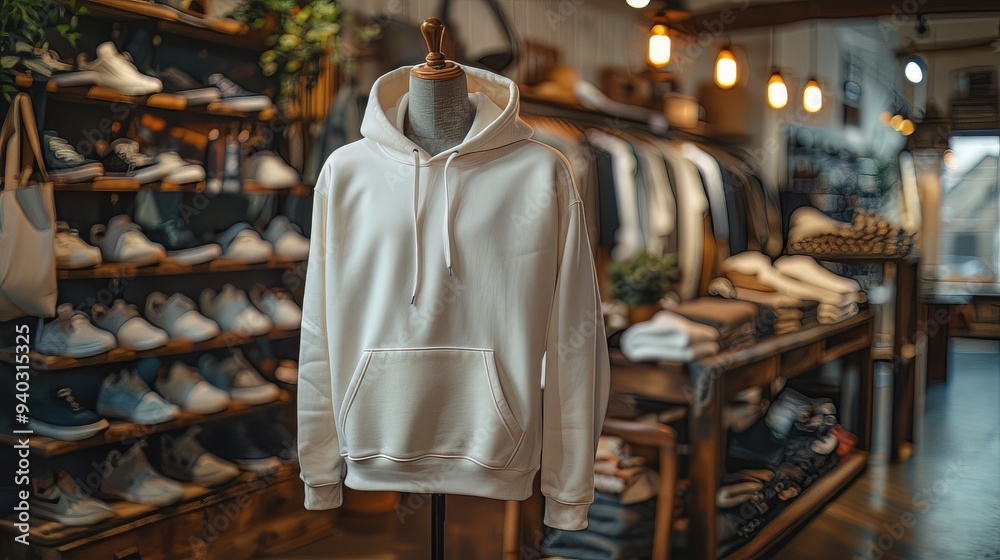 mock up of plain hoodie in shop displayed on mannequin, mannequin standing in front of clothes rack mock up of plain hoodie in shop displayed on mannequin, mannequin standing in front of clothes rack