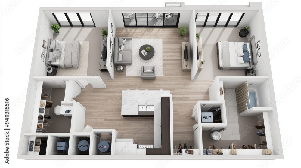 Top-Down Perspective of a Modern Apartment with Two Bedrooms, a Kitchen, and Two Bathrooms, 3D Rendering, Interior Design, Floor Plan, Apartment Design