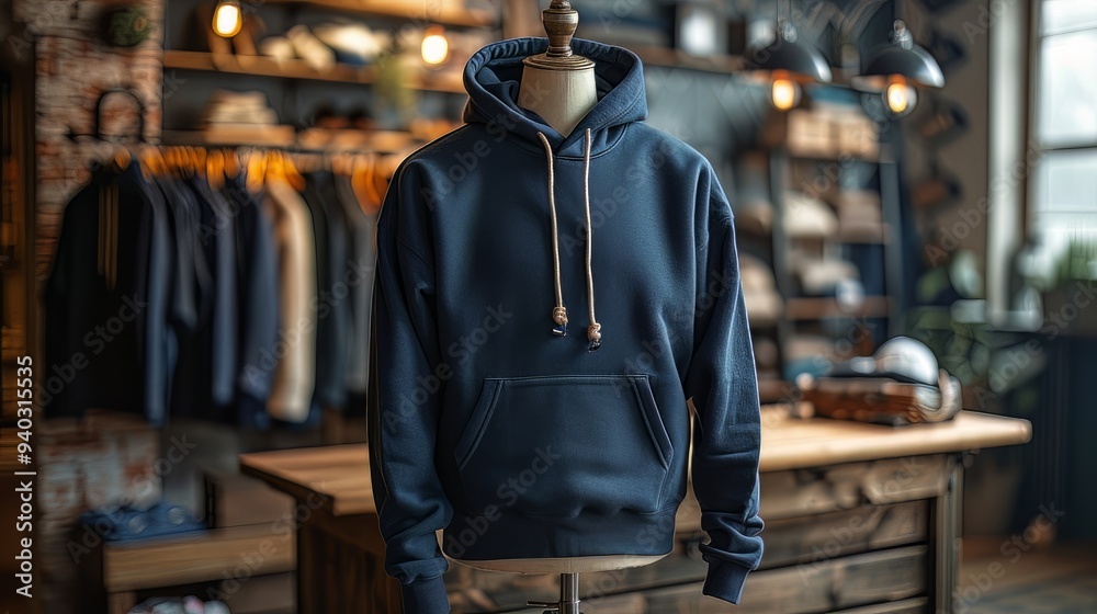 mock up of plain hoodie in shop displayed on mannequin, mannequin standing in front of clothes rack mock up of plain hoodie in shop displayed on mannequin, mannequin standing in front of clothes rack