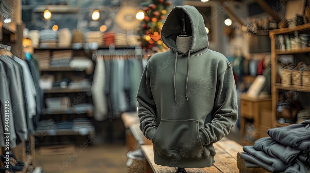 mock up of plain hoodie in shop displayed on mannequin, mannequin standing in front of clothes rack mock up of plain hoodie in shop displayed on mannequin, mannequin standing in front of clothes rack