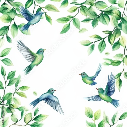 Watercolor Birds and Foliage Frame, Watercolor , Birds, Foliage, Frame photo