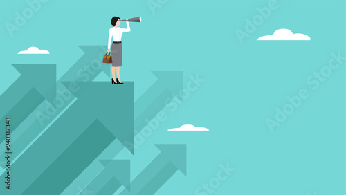 Vision to see business direction, strategy to success or business objective, business opportunities, businesswoman uses a telescope to see the next business strategy standing on financial growth graph
