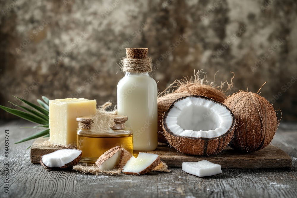 Coconut Products with Milk, Oil and Soap on Rustic Wooden Table Coconut Products with Milk, Oil and Soap on Rustic Wooden Table