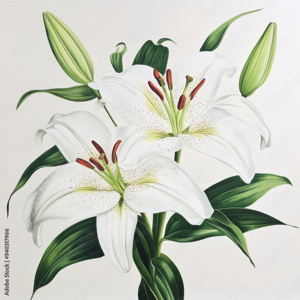 White Lily and Green Foliage Watercolor Painting, Flowers, Botanical, Lily, Watercolor White Lily and Green Foliage Watercolor Painting, Flowers, Botanical, Lily, Watercolor