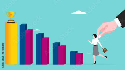 barrier to success, big businessman hand tries to prevent businesswomen from being successful, gender equality