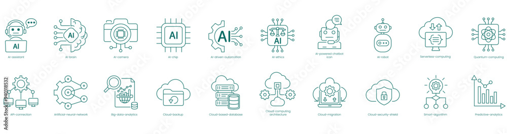 AI and Cloud Computing Vector Icons Set: AI Assistant, Brain, Camera, Chip, AI Driven Automation, AI Ethics, Chatbot, Robot, Serverless Computing, Quantum Computing vector icons AI and Cloud Computing Vector Icons Set: AI Assistant, Brain, Camera, Chip, AI Driven Automation, AI Ethics, Chatbot, Robot, Serverless Computing, Quantum Computing vector icons
