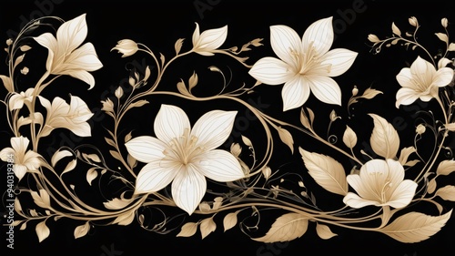 Golden Floral Tapestry: A delicate and intricate floral pattern in elegant gold hues, set against a rich black background. 