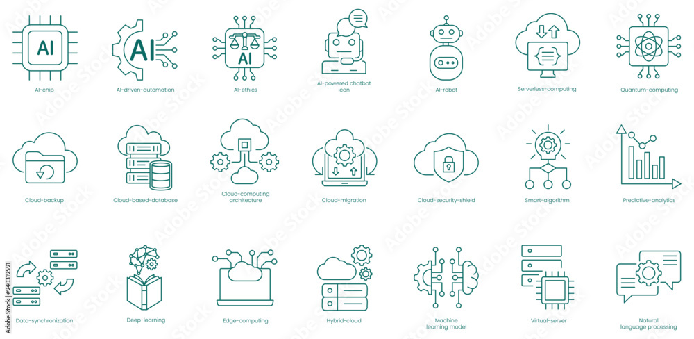 AI and Cloud Computing Essentials Vector Icons Set: Brain, AI Chip, AI Ethics, AI Robot, Quantum Computing, Artificial Neural Network, Computing Architecture, Security Shield vector icon set AI and Cloud Computing Essentials Vector Icons Set: Brain, AI Chip, AI Ethics, AI Robot, Quantum Computing, Artificial Neural Network, Computing Architecture, Security Shield vector icon set