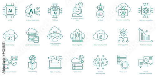 AI and Cloud Computing Essentials Vector Icons Set: Brain, AI Chip, AI Ethics, AI Robot, Quantum Computing, Artificial Neural Network, Computing Architecture, Security Shield vector icon set