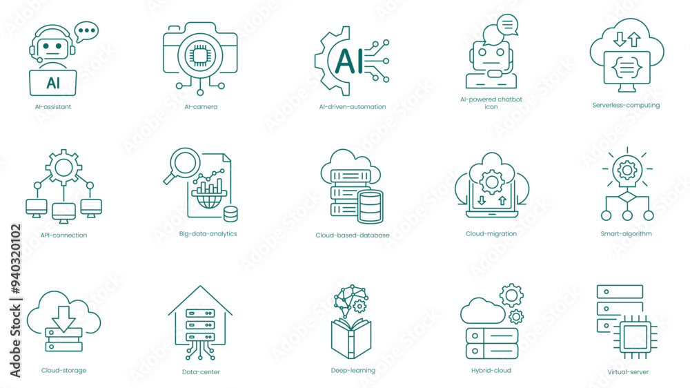AI and Cloud Solutions Vector Icons Set: AI Assistant, AI Camera, Driven Automation, Powered Chatbot, Serverless Computing, API Connection, Big Data Analytics, Cloud-Based Database vector icon set