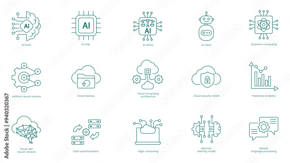 Comprehensive AI and Cloud Computing Vector Icons Set: AI Brain, Data Synchronization, AI Ethics, Cloud Migration, Quantum Computing, API Connection, AI Chip, Cloud-Based Database vector icon set Comprehensive AI and Cloud Computing Vector Icons Set: AI Brain, Data Synchronization, AI Ethics, Cloud Migration, Quantum Computing, API Connection, AI Chip, Cloud-Based Database vector icon set