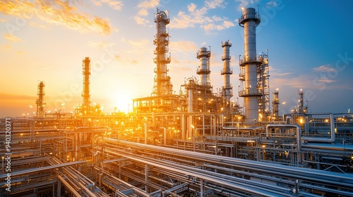 Hydrocarbon Refinery Operations A refinery in full operation processing hydrocarbons into usable fuels and chemicals.