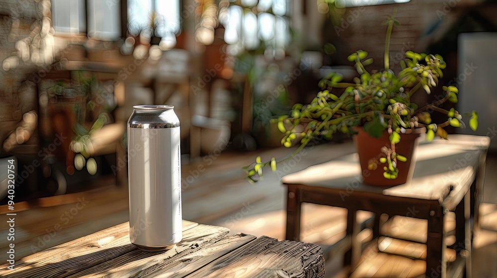 mock up Plain aluminum soda can bottle on wooden chair, clean white background mock up Plain aluminum soda can bottle on wooden chair, clean white background