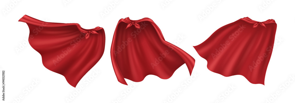 A set of pictures showing superhero capes made of red cloth. These capes look very real and are shown in 3D on a see-through background.