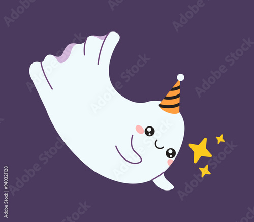 Funny ghost catching stars flat color vector illustration. Playful little monster in night sky Halloween character on purple background