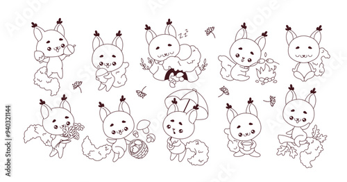 Line cartoon illustrations with squirrels in range of scenarios. Kawaii wild rodents n various activities presented on white background