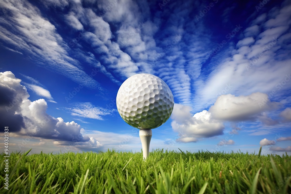 A solitary white golf ball rests on a freshly pruned grass tee, set against a serene blue sky with subtle cloud formations. A solitary white golf ball rests on a freshly pruned grass tee, set against a serene blue sky with subtle cloud formations.
