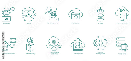 AI and Cloud Computing Solutions Vector Icons Set: Assistant, Brain, Big Data Analytics, Cloud Backup, AI Robot, Serverless Computing, Data Synchronization, Deep Learning vector icon set
