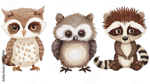 A set of three cute cartoon animals: an owl, an owl and a raccoon.