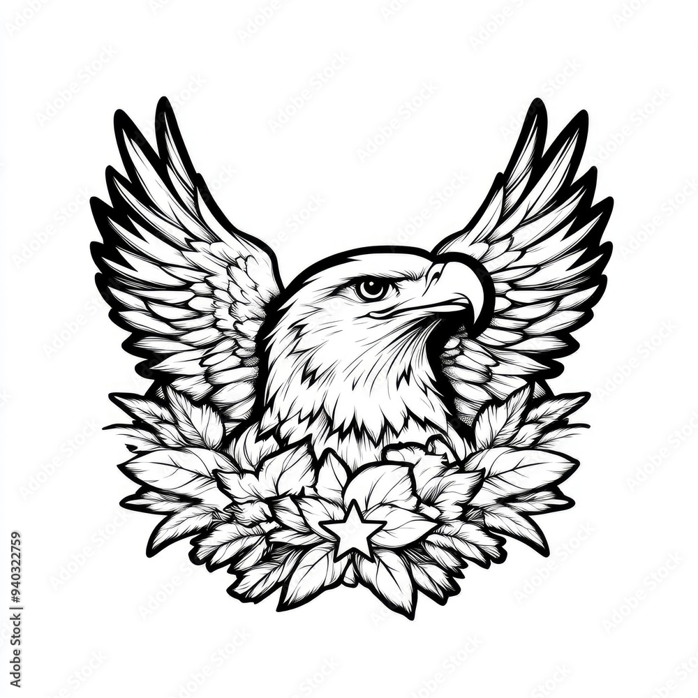 Bald Eagle with Spread Wings and Flowers Illustration Bald Eagle with Spread Wings and Flowers Illustration