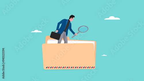 Document, search or file archive, office contract concept, research papers or documentation files, company documents archive, businessman looking for files in a document file using a magnifying glass