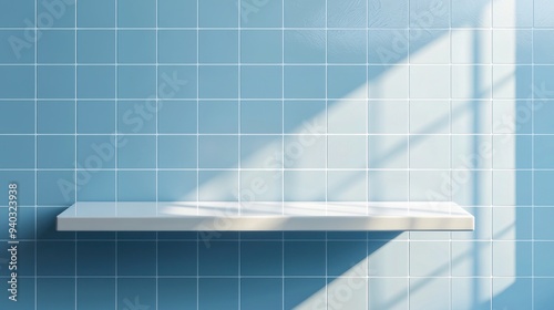 
White shelf on blue tile wall with shadow from window. Realistic 3d vector illustration of bathroom or kitchen interior with product podium. Display platform or showcase pedestal with ceramic plate,B
