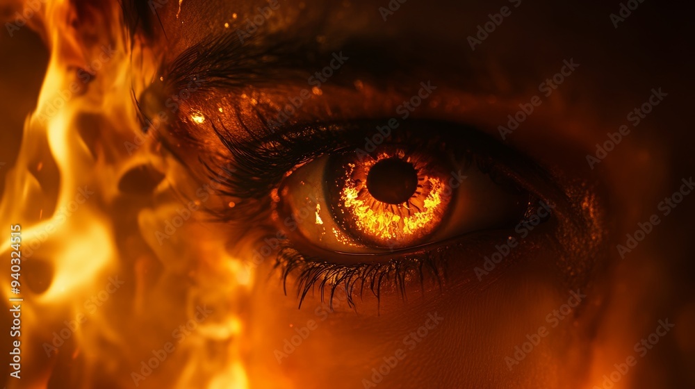 Close-up of two eyes reflecting an orange and yellow fire, thick smoke surrounding the flames, a house burning at night, intense and dramatic scene