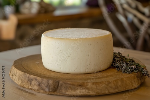 A round wheel of white moose milk cheese sits on a rustic wooden board, showcasing its unique texture and creamy appearance. The cheese is a rare and luxurious delicacy, offering a distinct flavor pro photo