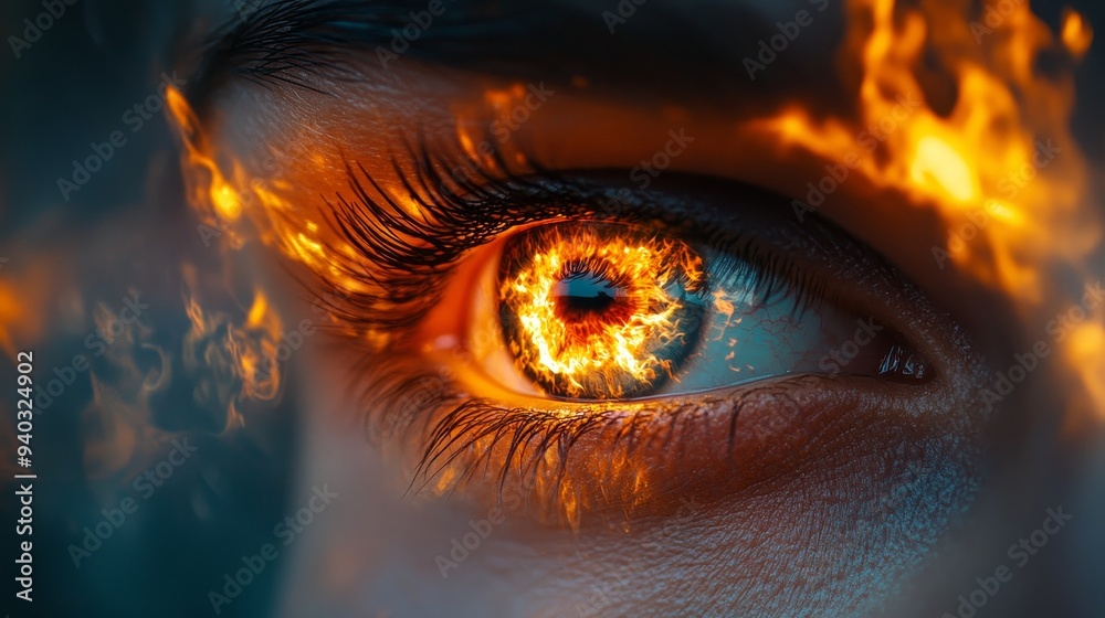 Double exposure, intense close-up of two human eyes with flames reflected within, a fiery blaze behind them, creating a dramatic and powerful visual Double exposure, intense close-up of two human eyes with flames reflected within, a fiery blaze behind them, creating a dramatic and powerful visual