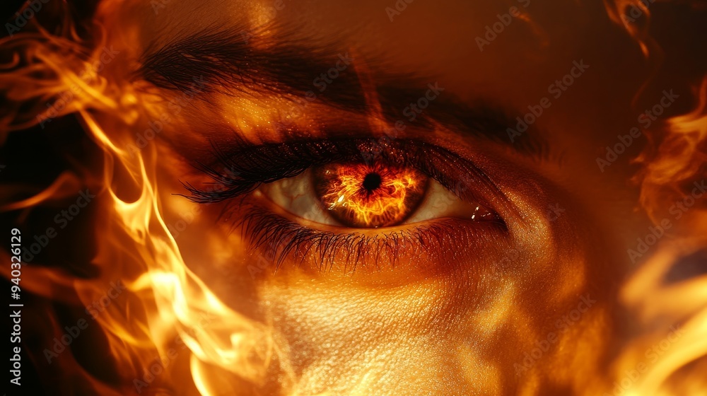 Eyes staring into a roaring fire, merging with the flames in a double exposure effect, intense emotion, deep shadows, glowing reds and oranges, surrealism, moody atmosphere Eyes staring into a roaring fire, merging with the flames in a double exposure effect, intense emotion, deep shadows, glowing reds and oranges, surrealism, moody atmosphere