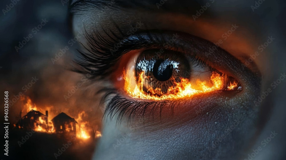 Two eyes focused on a burning house, flames glowing orange and yellow, smoke billowing into the night sky, dramatic and emotional image Two eyes focused on a burning house, flames glowing orange and yellow, smoke billowing into the night sky, dramatic and emotional image