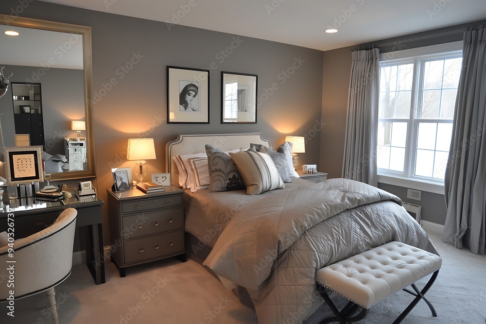 Gray master bedroom interior with makeup table Gray master bedroom interior with makeup table