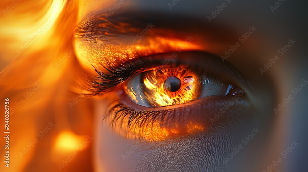 Two eyes reflecting fire in double exposure, intense and dramatic mood, flames engulfing the background, capturing the power of the scene Two eyes reflecting fire in double exposure, intense and dramatic mood, flames engulfing the background, capturing the power of the scene