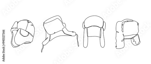 Set collection of winter trapper hat, earflaps cap, ushanka russian cap, fur hat. Editable line. Vector illustration.