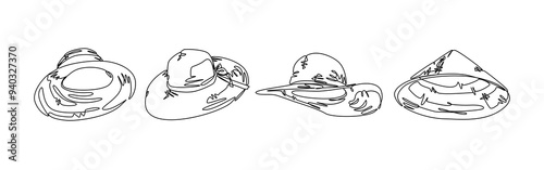 Set collection of straw hat, sun hat, and farmer hat. Editable line. Vector illustration.
