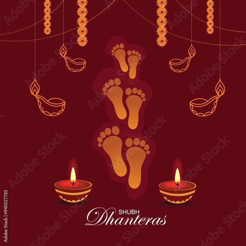 Shubh Dhanteras wishes background with goddess charan and oil lamp
