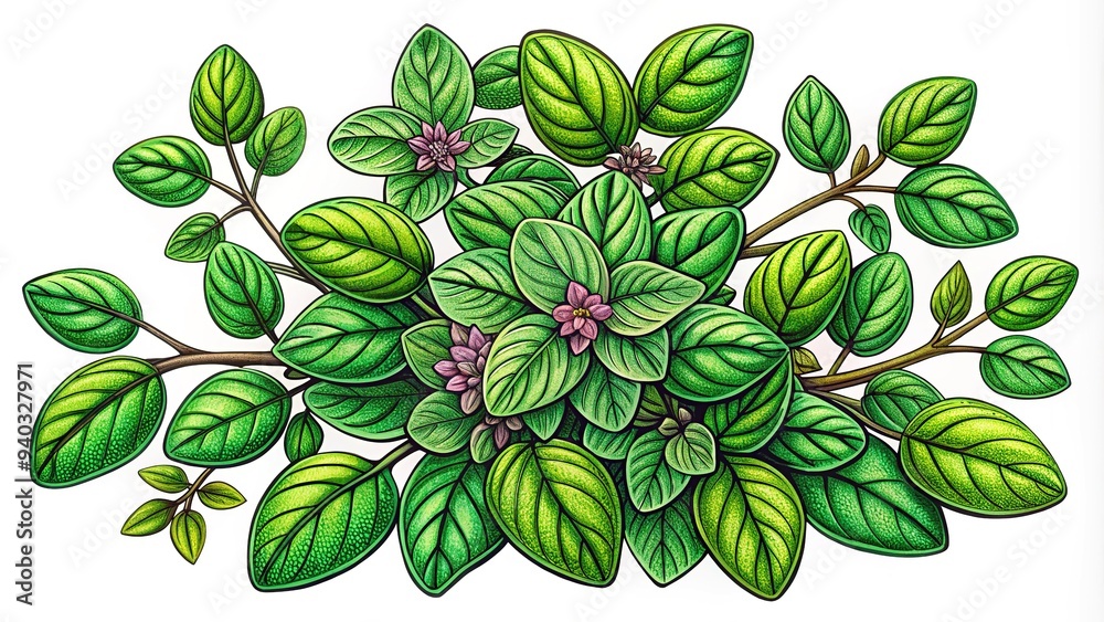 A stylized, hand-drawn illustration of a sprig of oregano surrounded by lush greenery, with intricate linework and delicate textures, in a bold, vibrant color scheme.