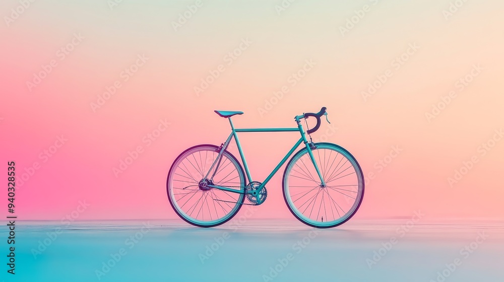 A sleek, silver bicycle stands alone against a vibrant gradient background, evoking a sense of freedom, simplicity, and modern design. The minimal composition and clean lines create a calming and styl A sleek, silver bicycle stands alone against a vibrant gradient background, evoking a sense of freedom, simplicity, and modern design. The minimal composition and clean lines create a calming and styl